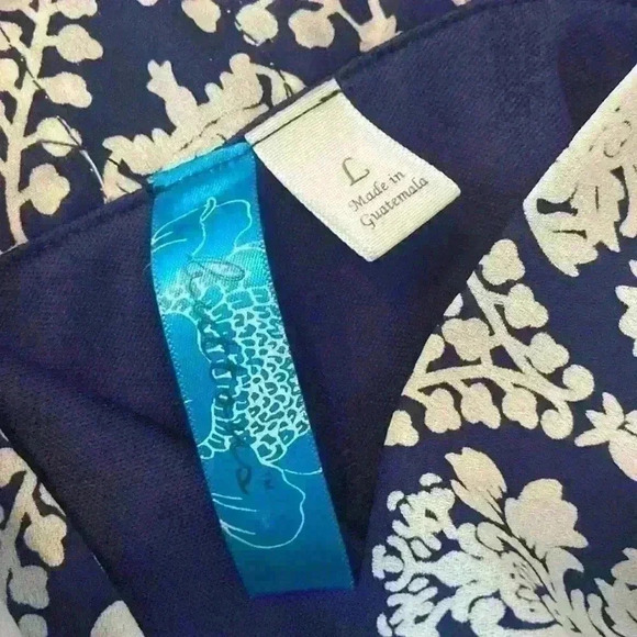 Buttons Women’s Racerback Sundress Size L Navy Cream Print Crocheted Hem Back - Picture 11 of 11